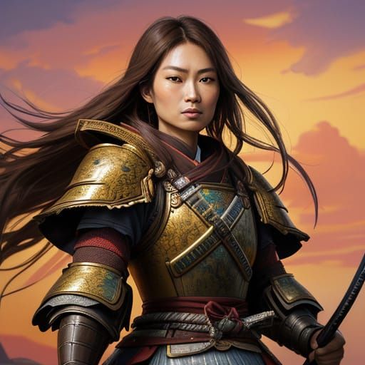 Woman Reaching for Samurai: Vibrant Oil Painting