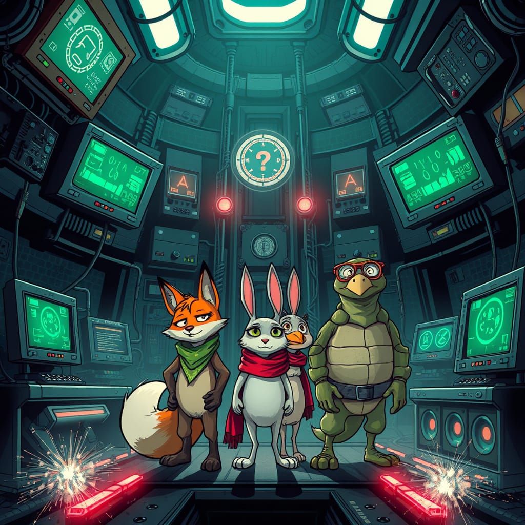 Mysterious Control Room in Futuristic Tower Comic Illustrati...