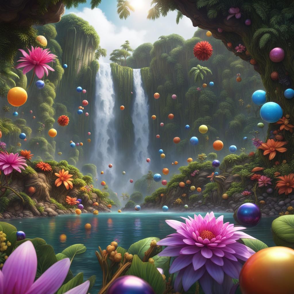 Jungle Waterfall with Rainbow in Detailed Matte Painting