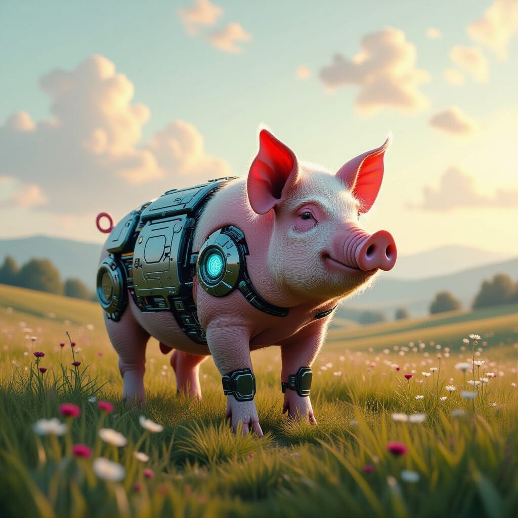 Cybernetic Pig in Impressionistic Meadow