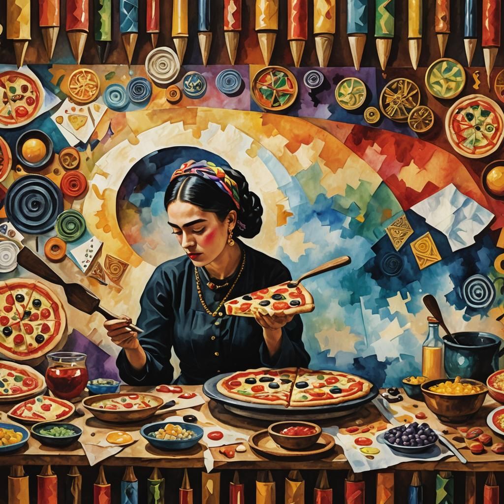 Cubist Pizza Designer Surrounded by Mystic Symbols