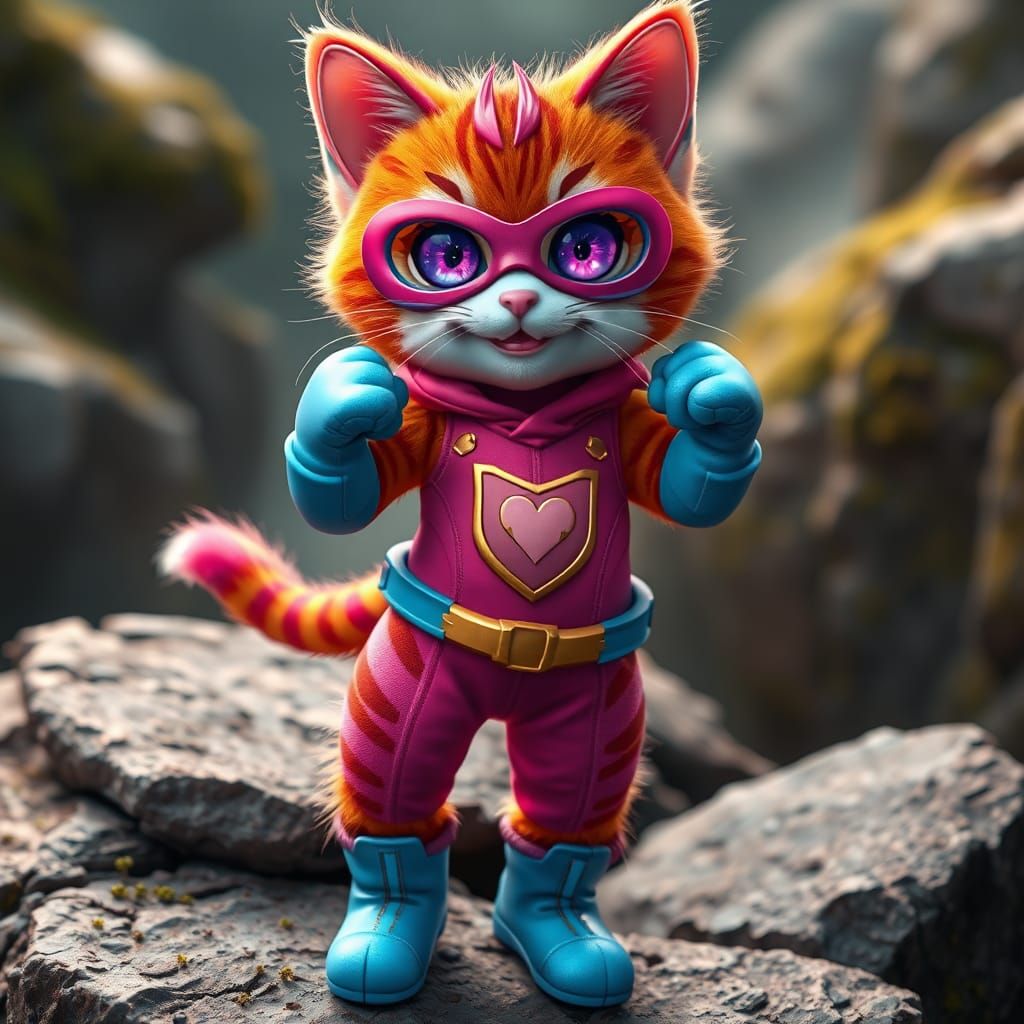 Dynamic Super Kitty Hero on Mossy Rock