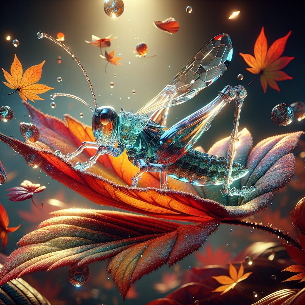 Crystal Grasshopper on Autumn Leaf in 8k