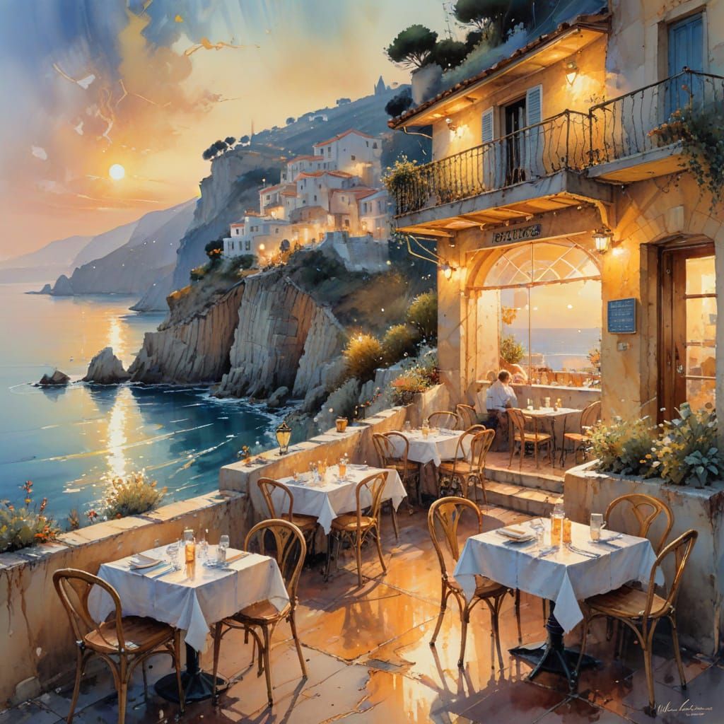 Aegean Cafe on Cliffside in Watercolor Style