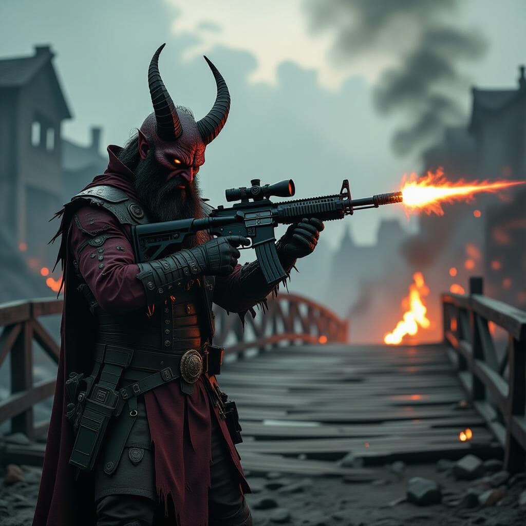 Snake-Bearded Devil Guards Hell Bridge with Laser Gun