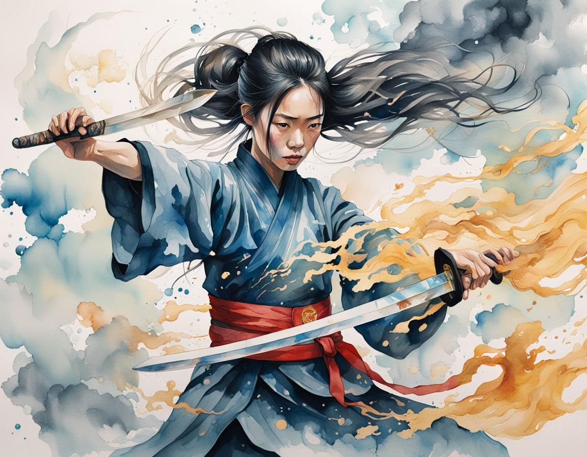Dynamic Watercolor Portrait of Kung Fu Sword Form