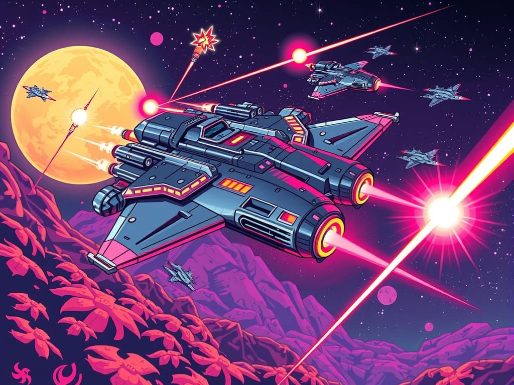 Retro Futuristic Spaceship Engages in Epic Space Battle
