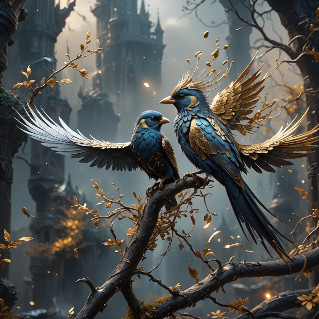 Fantastical Golden Bird with Silver Wisps