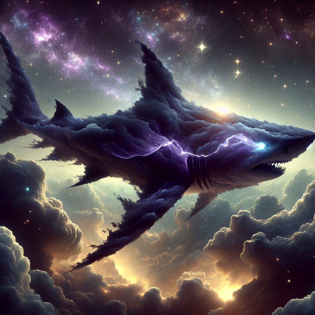 A massive shark, made of dark, rolling clouds, glides silent...