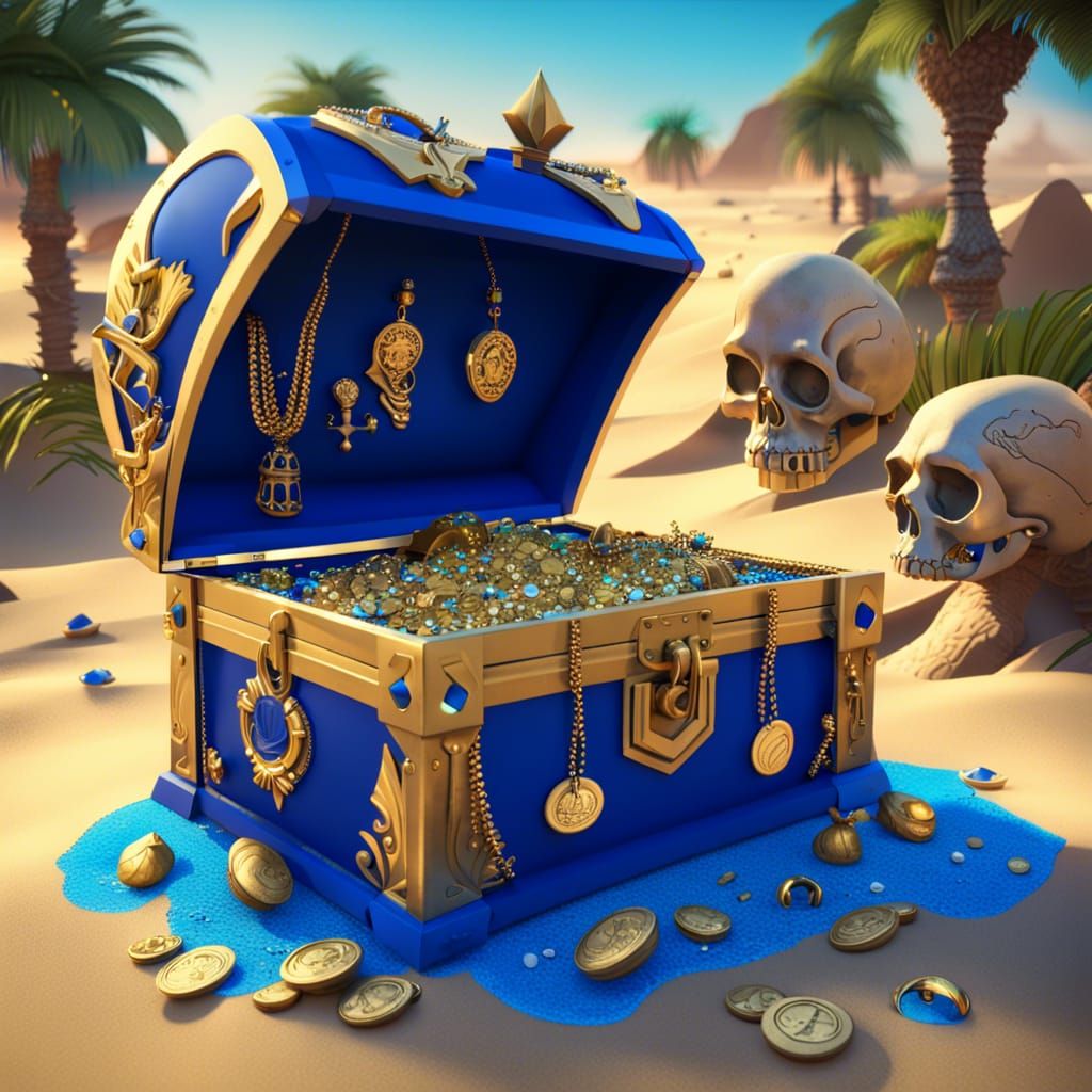 Royal Blue Treasure Chest in Oasis, 3D Digital Art