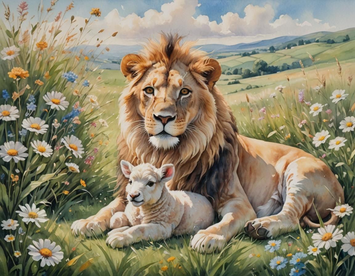 Lion and Lamb in Flower Meadow Watercolor