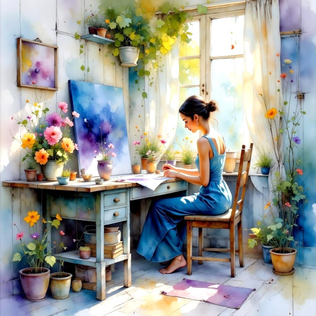 Painter Surrounded by Words in Oil Painting Style