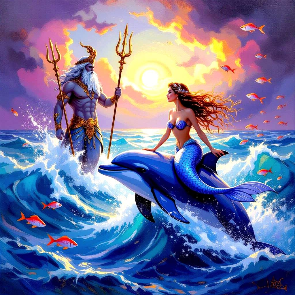 Mermaid Riding Dolphin in Stormy Seas, God Neptune Appears