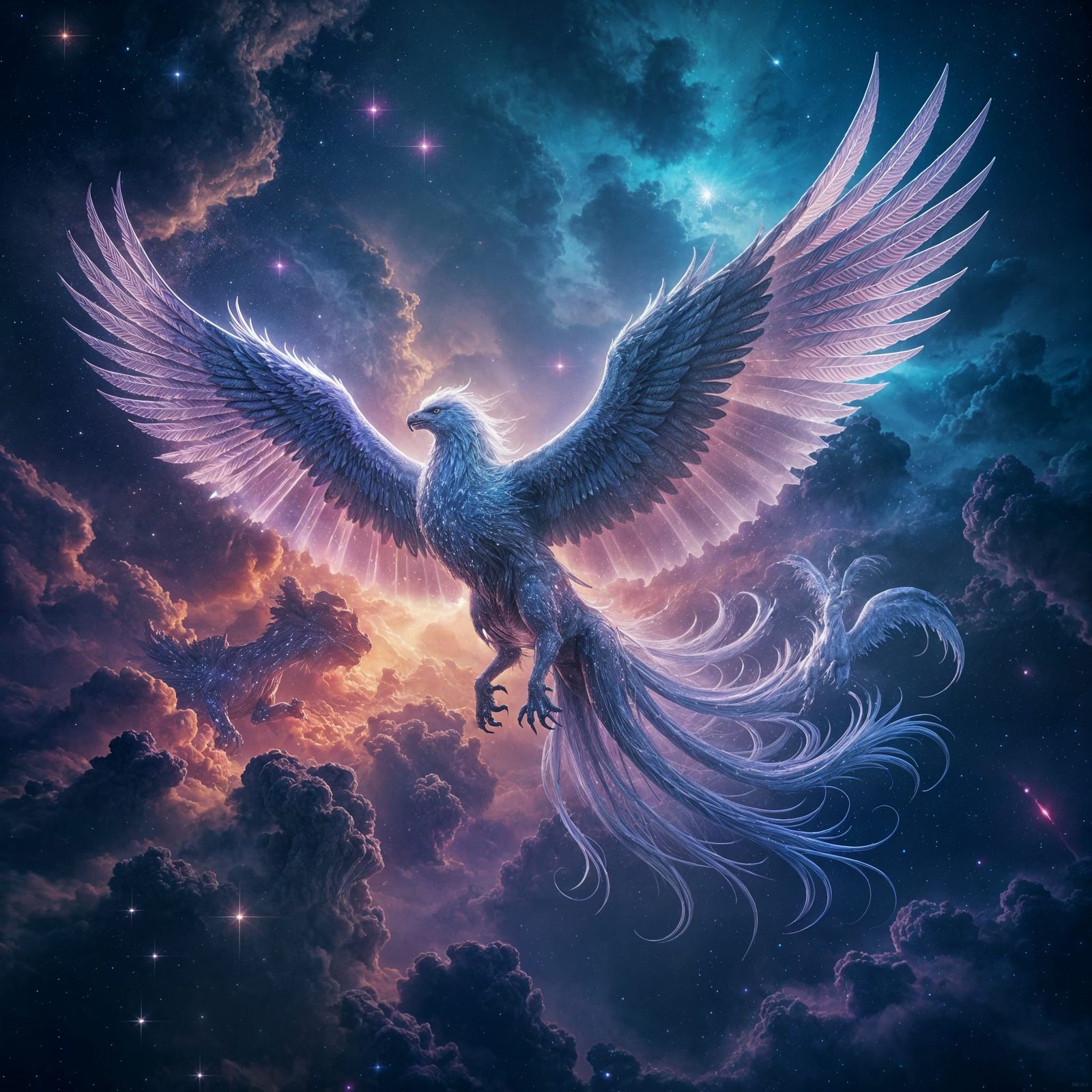 Cosmic Griffin Soaring Through Nebulas in Futuristic Realism