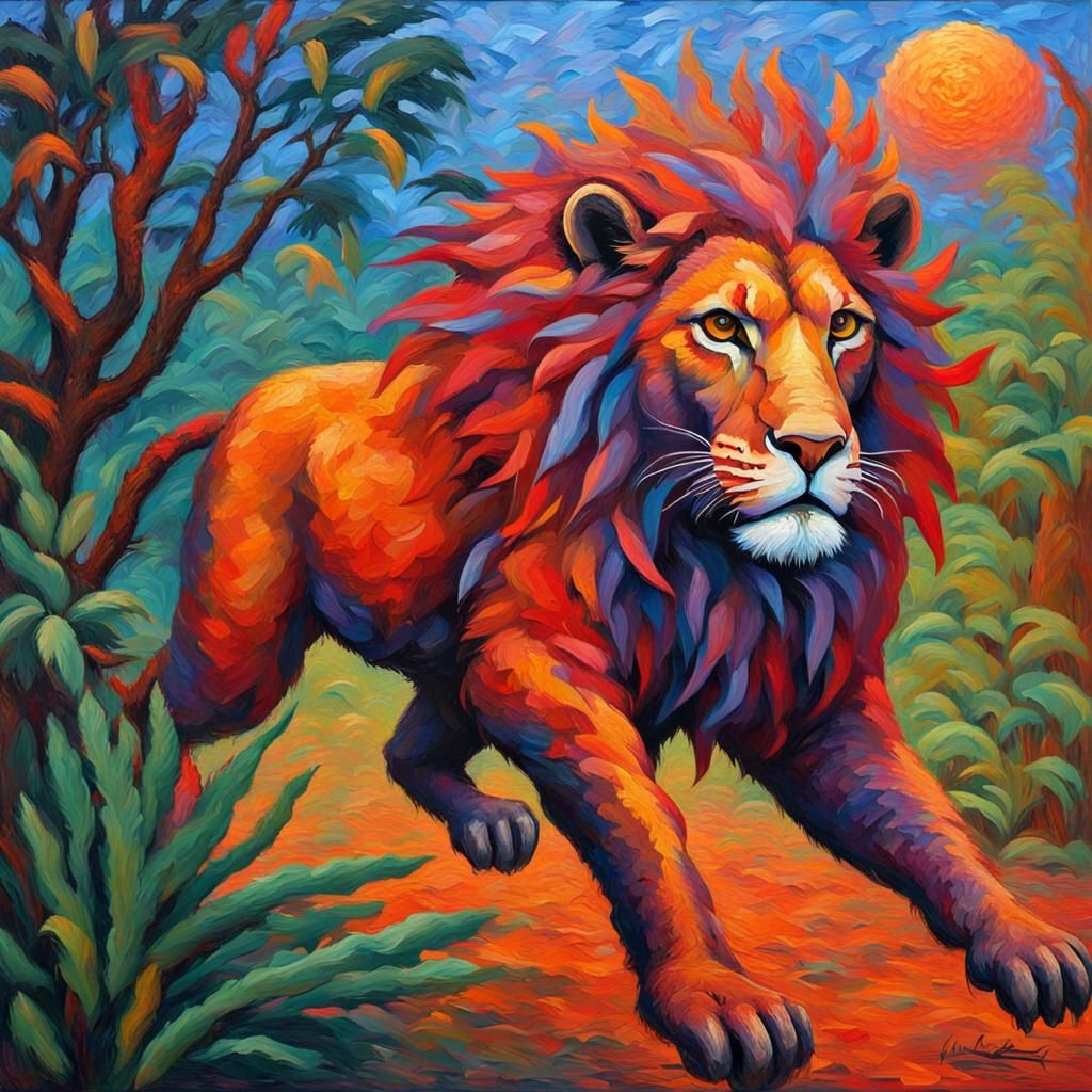Flying Lion in Colorful Jungle, Expressionist Impasto Painti...