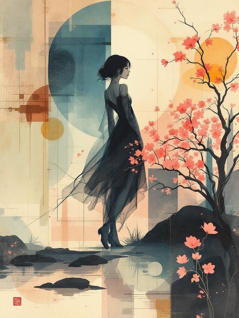 Abstract Pin-Up in Atmospheric Watercolor Garden