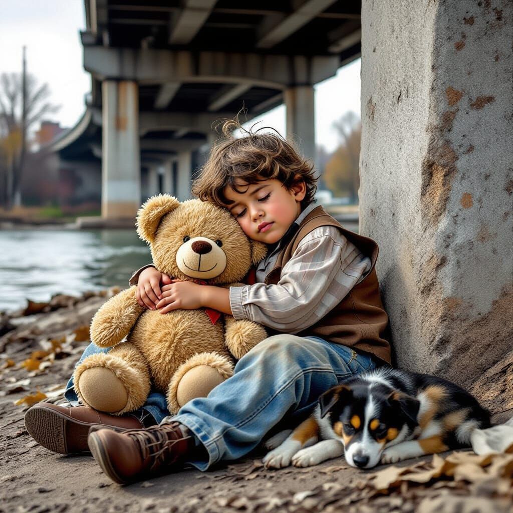 Boy and Teddy Bear Sleeping Under Bridge