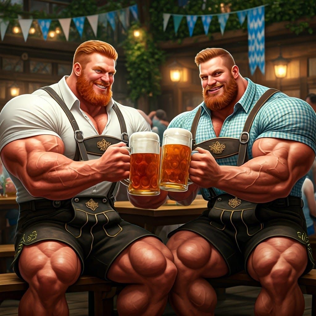 Muscular Bavarians Celebrate Oktoberfest: Detailed Digital P...