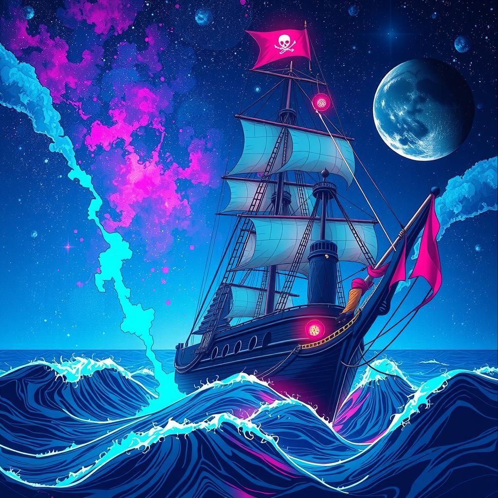 Pirate on Modern Ship in Synthwave Neon Style