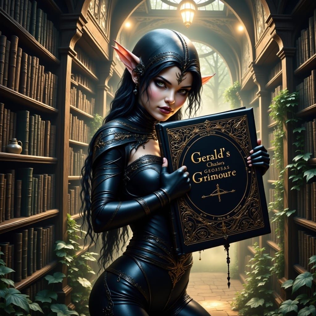 Elf Steals Grimoire in Gothic Library
