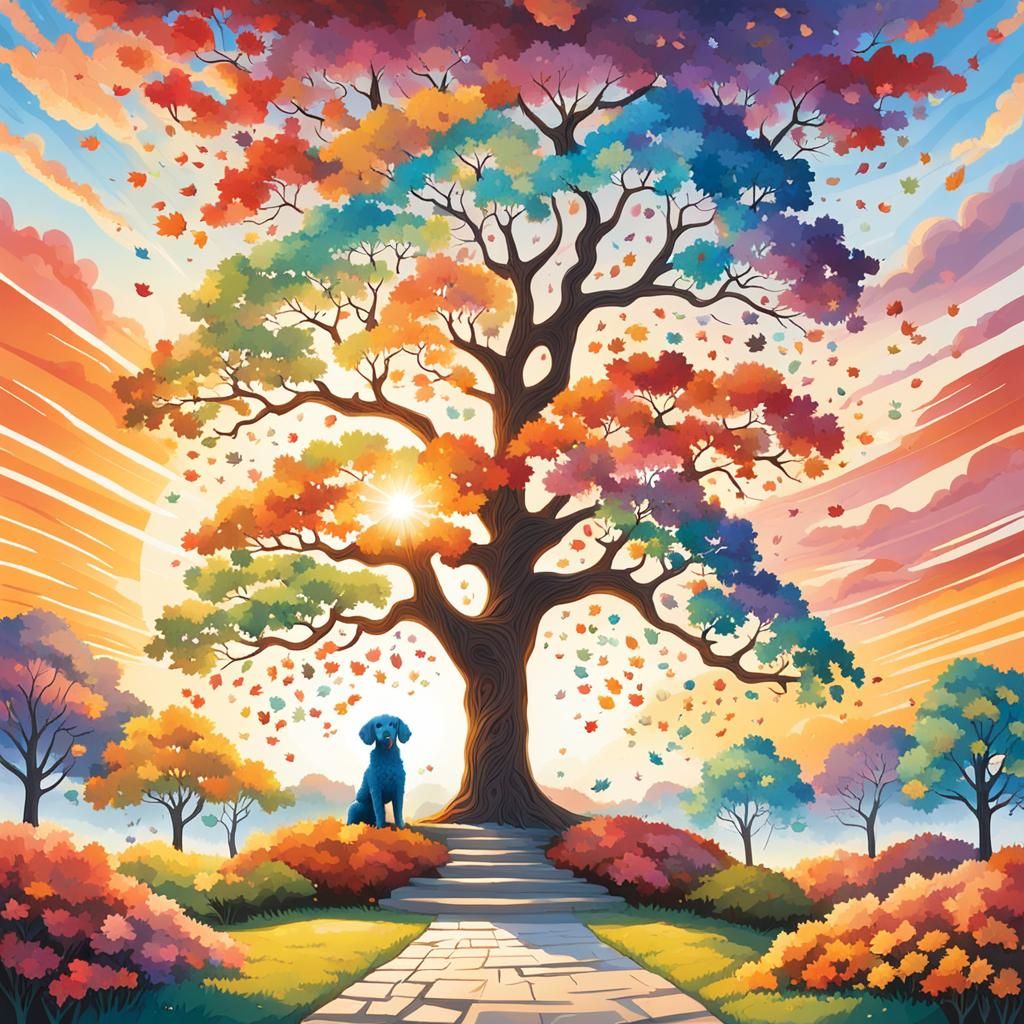 Sunrise Tree with Poodles Celebrating Growth