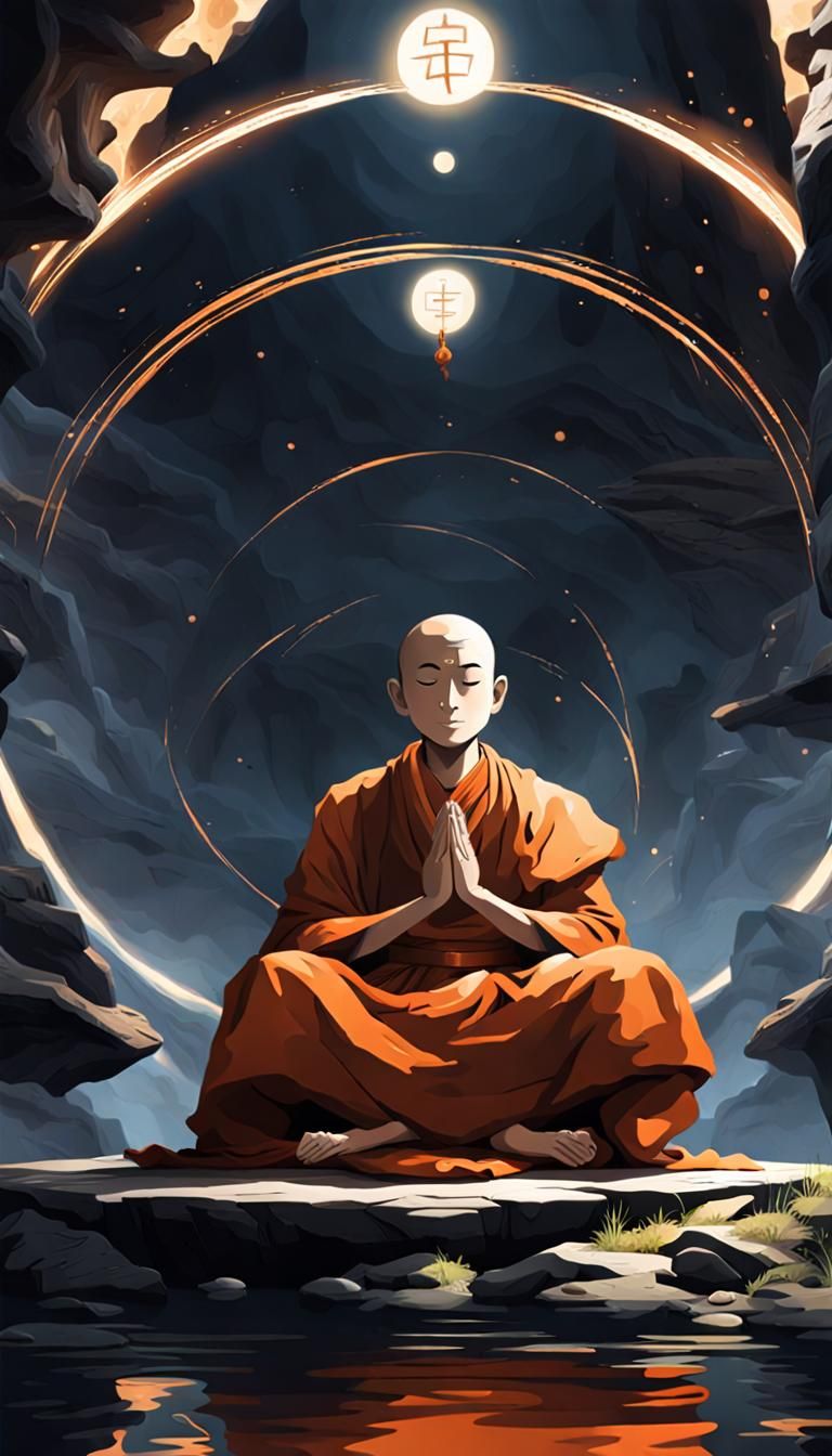 Meditating Monk Floating in Cavern Poster
