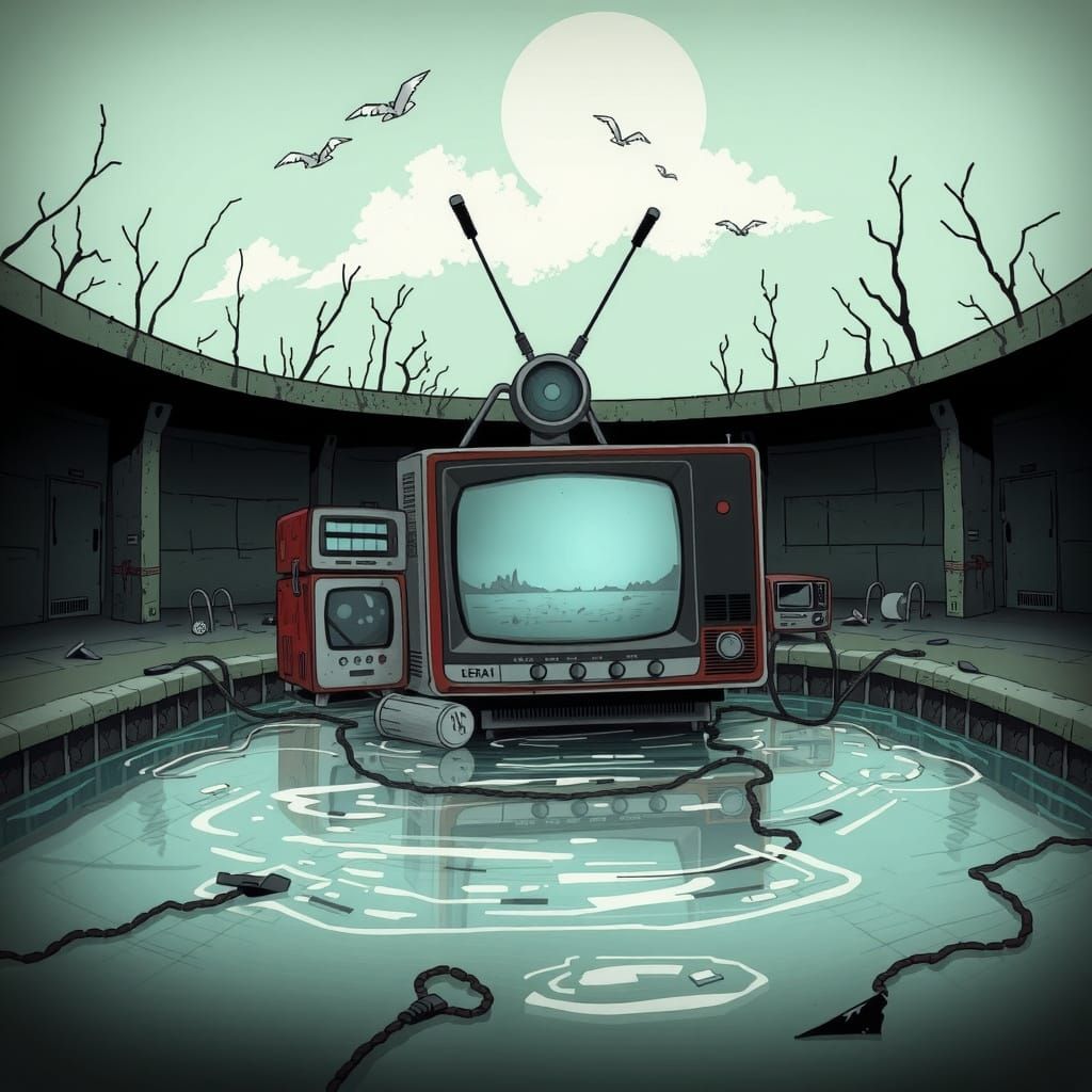 Retro TVs Float in Abandoned Pool: Frutiger Aero Art