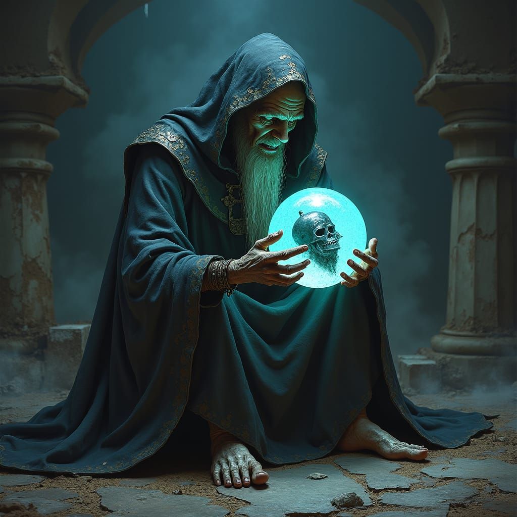 Ancient Wizard's Dark Vision of Fallen Knight