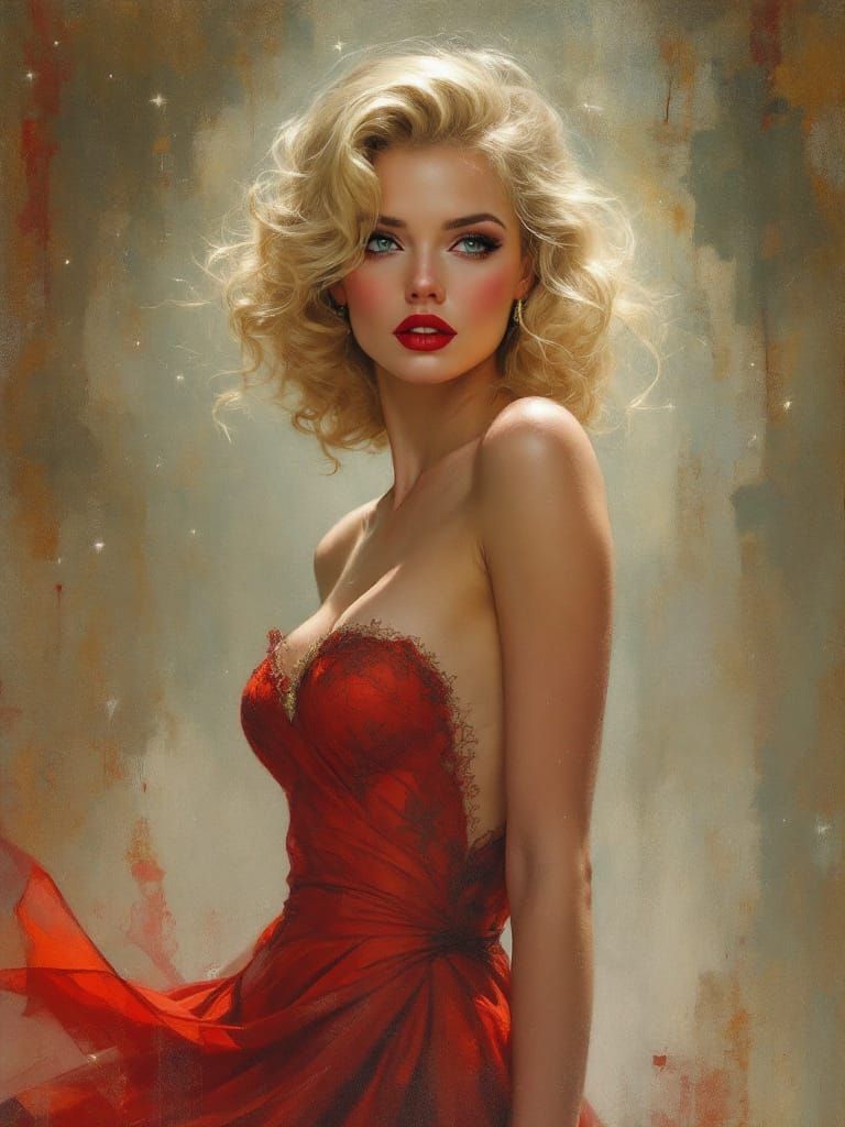 Blond Pin-Up in Red Dress, Atmospheric Oil Painting