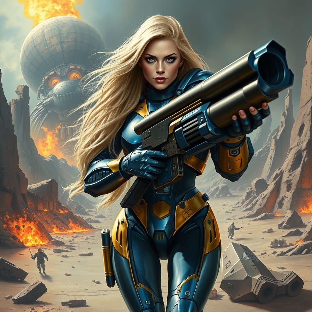 Armored Woman Strides Confidently Across Alien World