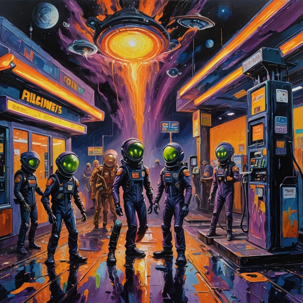 Aliens Shop at Space Gas Station: Neo-Expressionist Oil Pain...