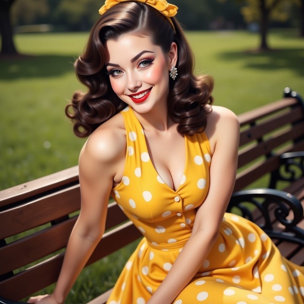 Retro Pinup Girl in Yellow Polka Dot Dress
