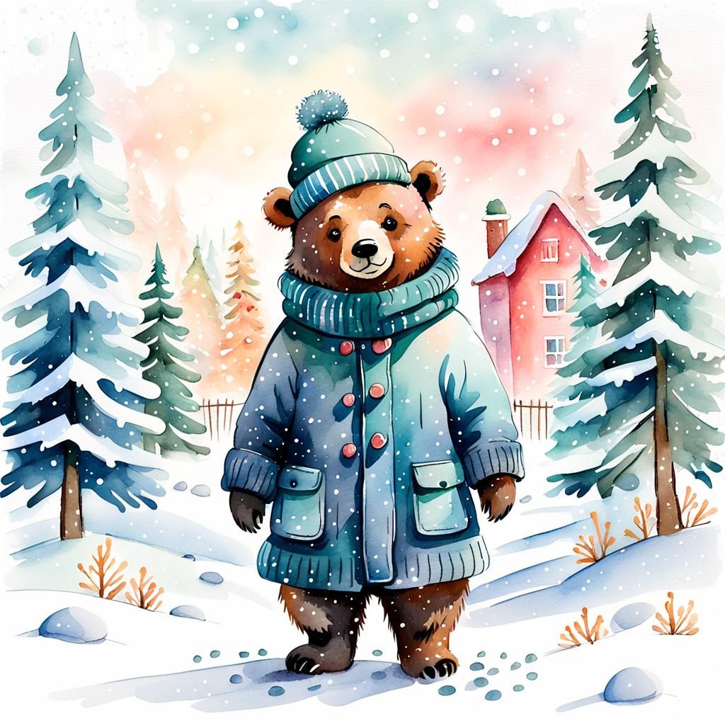 Cute Watercolor Bear in Christmas Scene