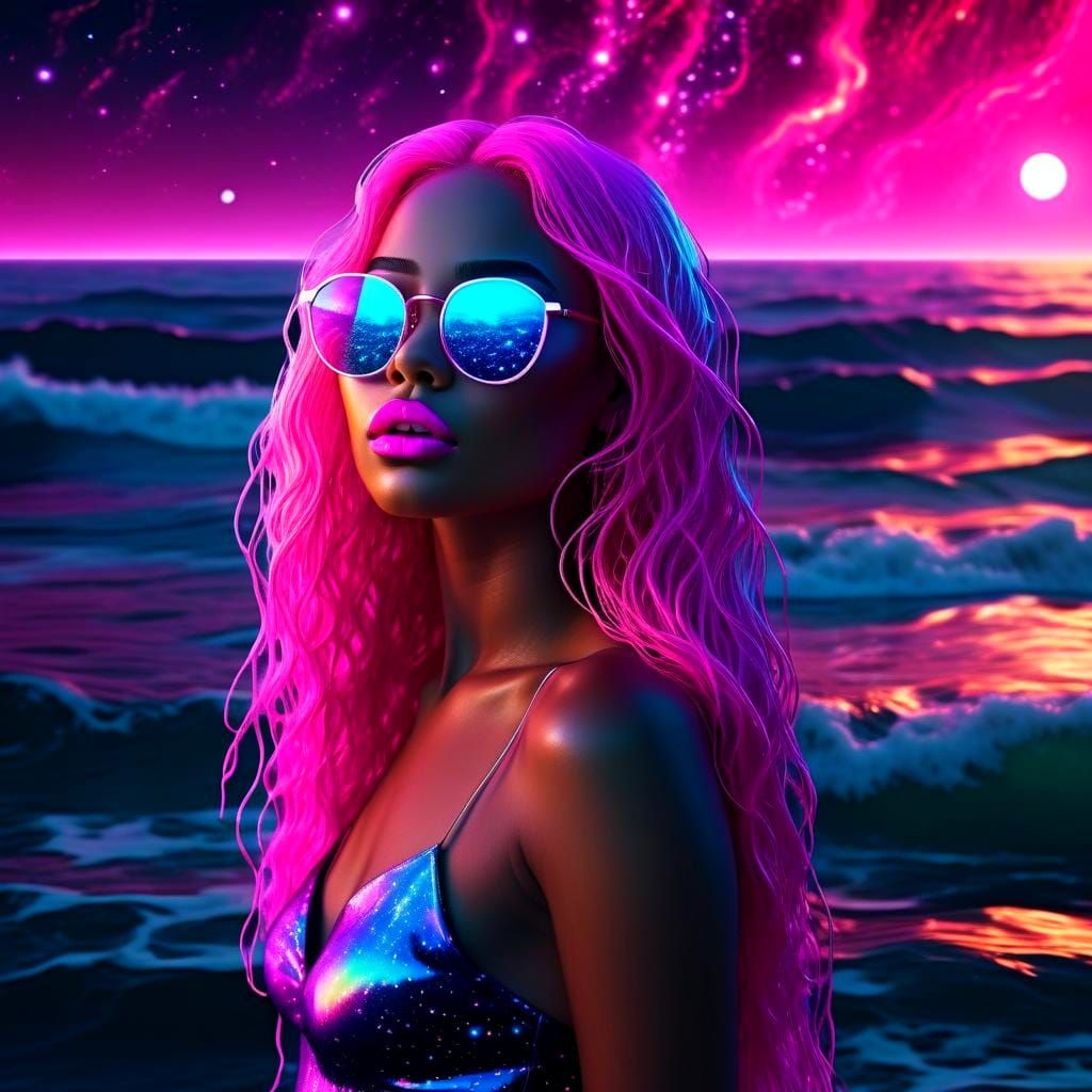 Neon Woman with Cosmic Stars and Ocean Portal