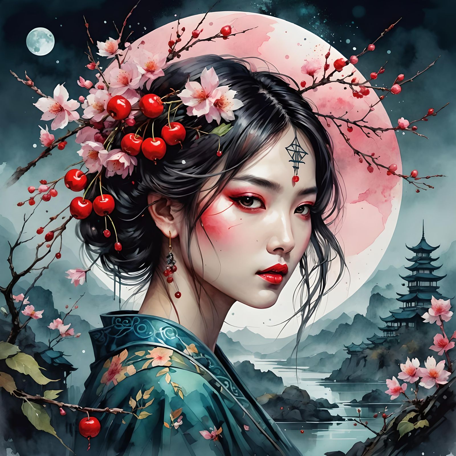 Cherry Moon Landscape in Watercolor Style