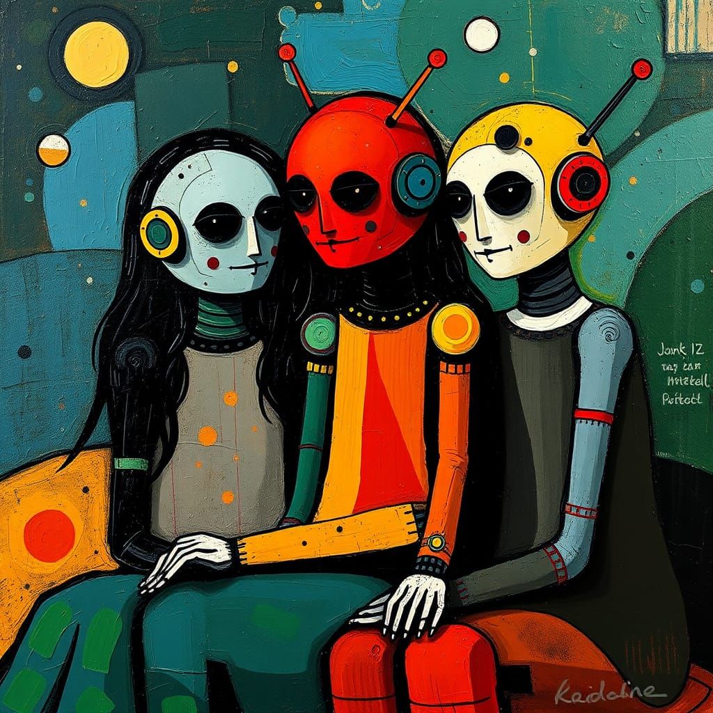 Childlike Robots in Multicoloured Abstract Oil Painting