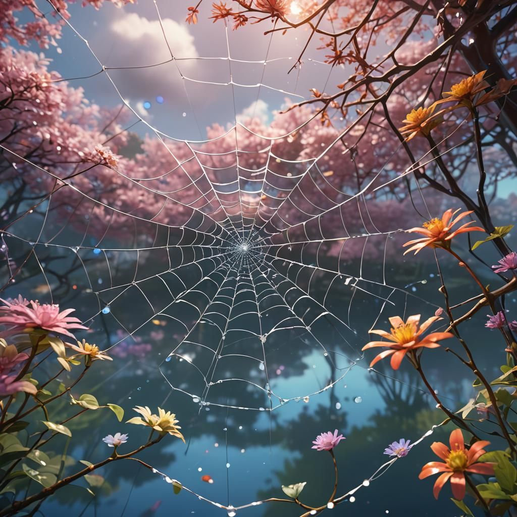 Surreal Anime Spiderweb Connecting Clouds to Pond