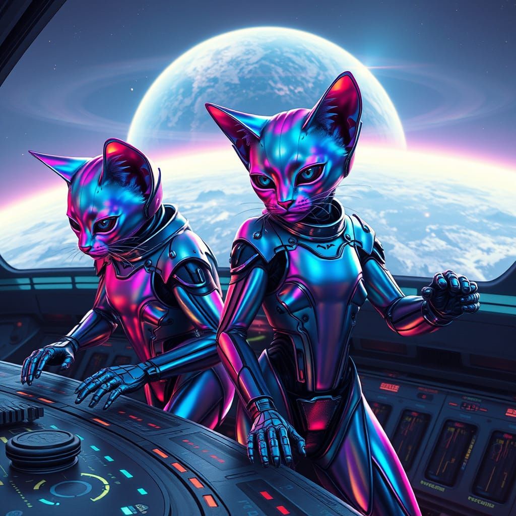 Futuristic Feline Cyborgs Explore Cosmic Spaceport