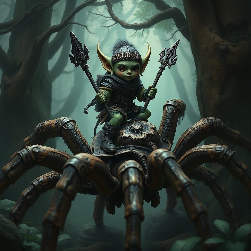 Goblin Warrior on Tarantula in Mystical Forest