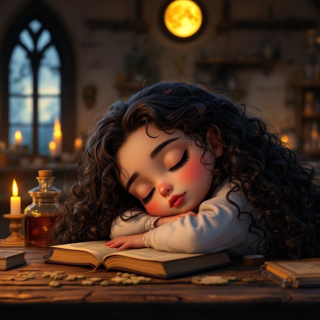 Chibi Woman Asleep in Apothecary, Oil Painting