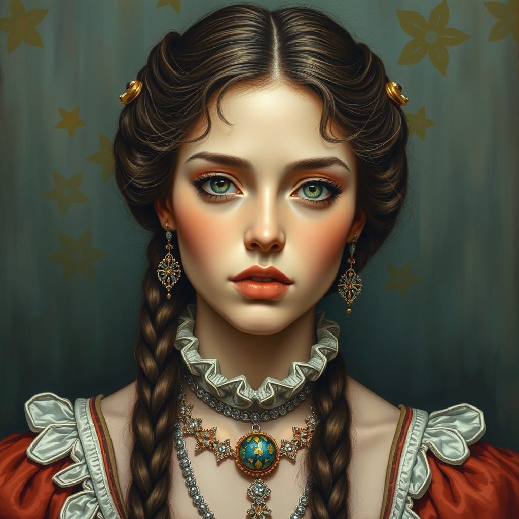 " Retrato HDR hiperrealista de Lois van Baarle::5 Elegantism::2, Robert Campin::3, una pintura de una mujer con el rostr...