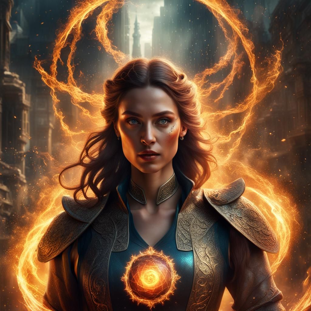 Mystic Woman Portrait with Fireball, Cinematic Illustration