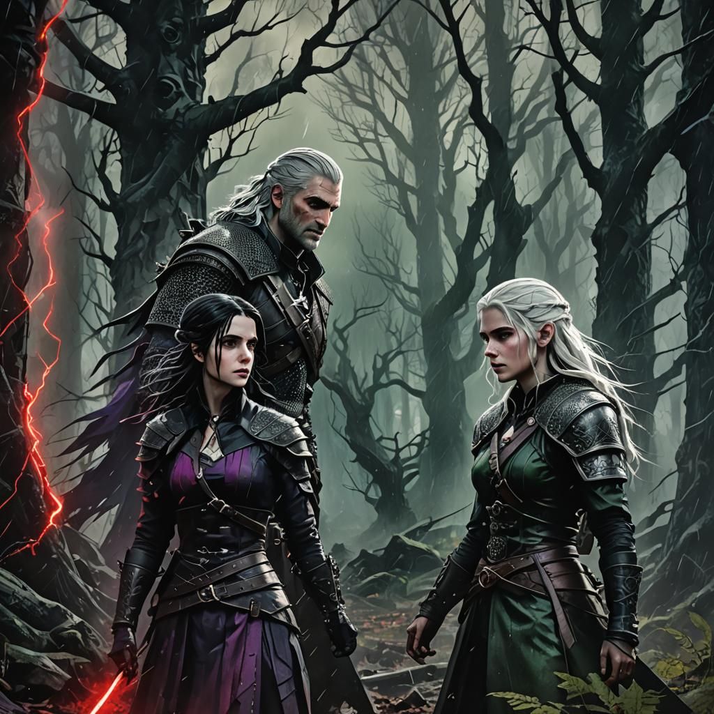 Geralt, Ciri, and Yennefer in Dark Fantasy Anime Style