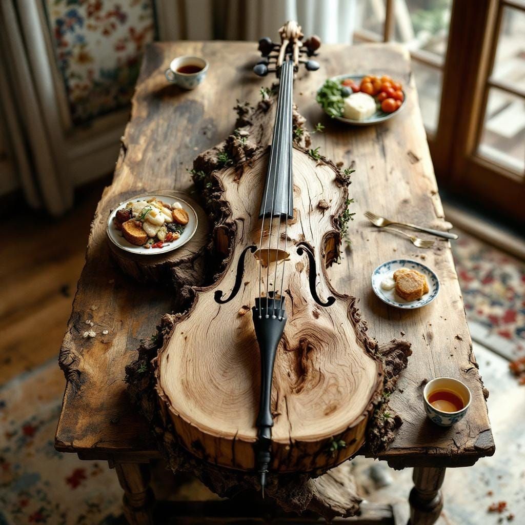 Edible Cello on Antique Table, Whimsical Art