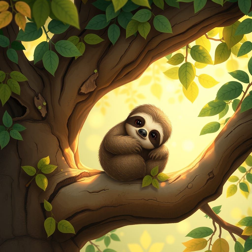 Cute Sloth in Whimsical Tree Scene