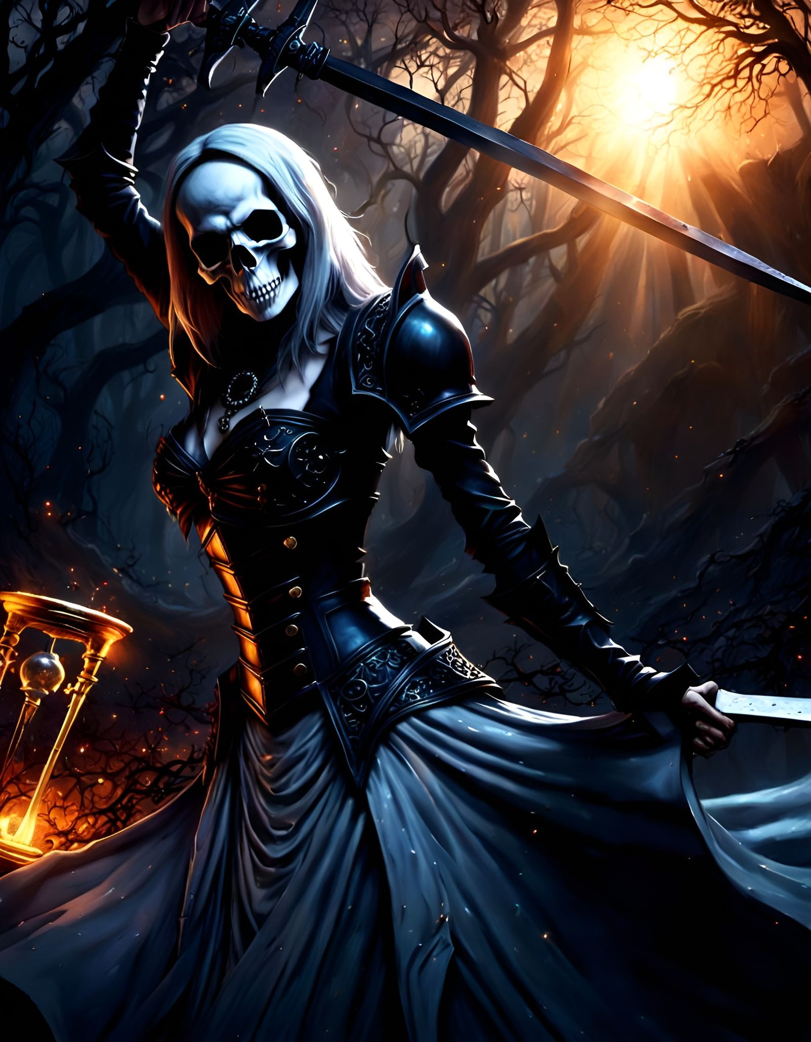 Eerie Death Shinigami with Hourglass in Haunted Forest