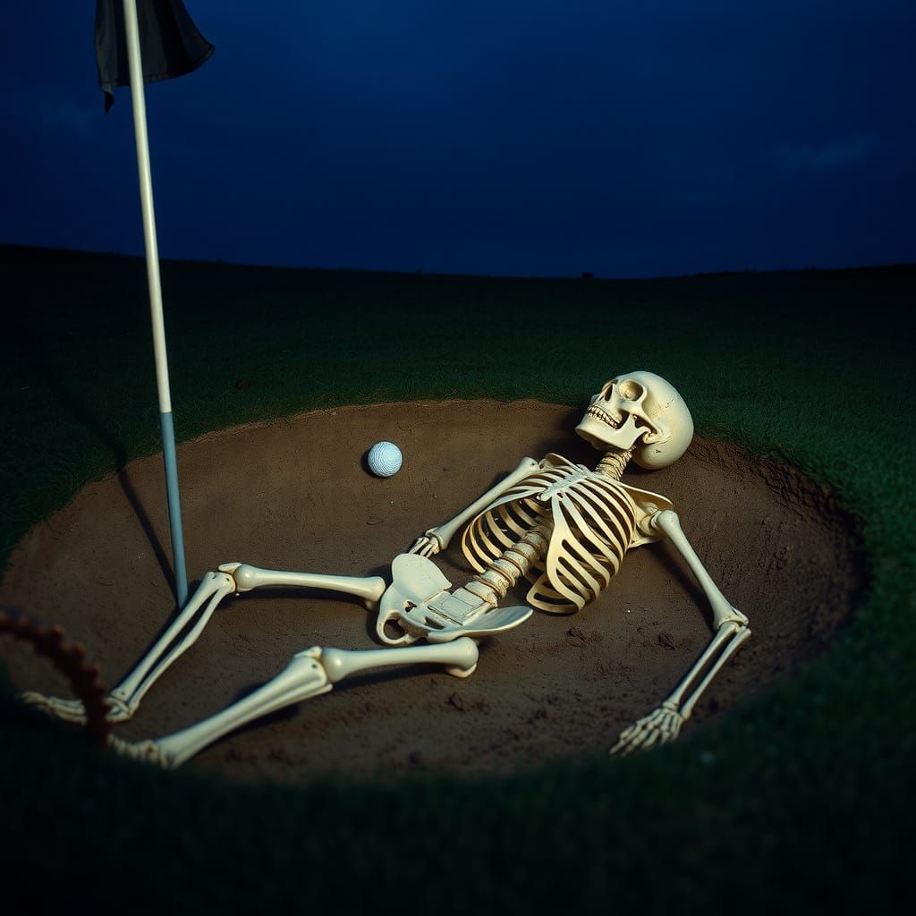 Golf Bunker Skeleton in Mid Swing