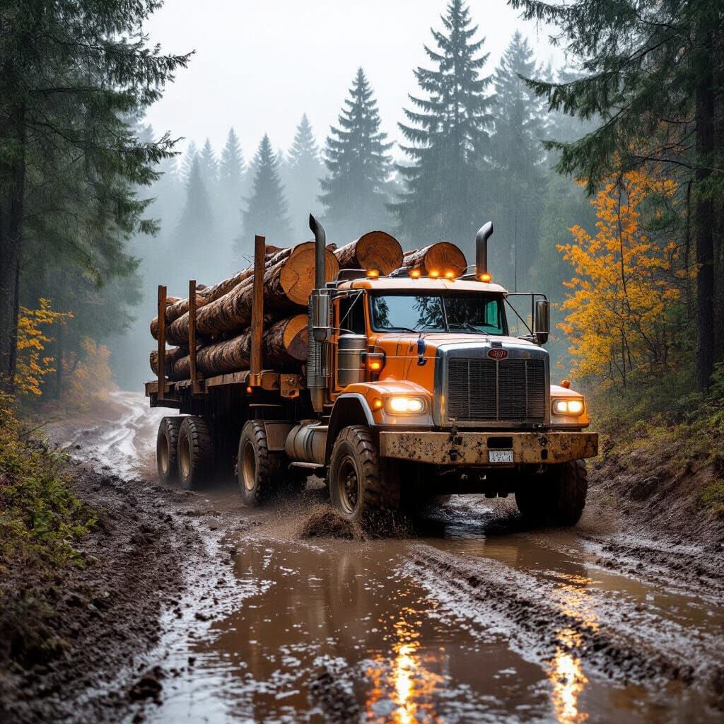 Logging Truck Navigates Muddy Forest Road in Autumn Rain