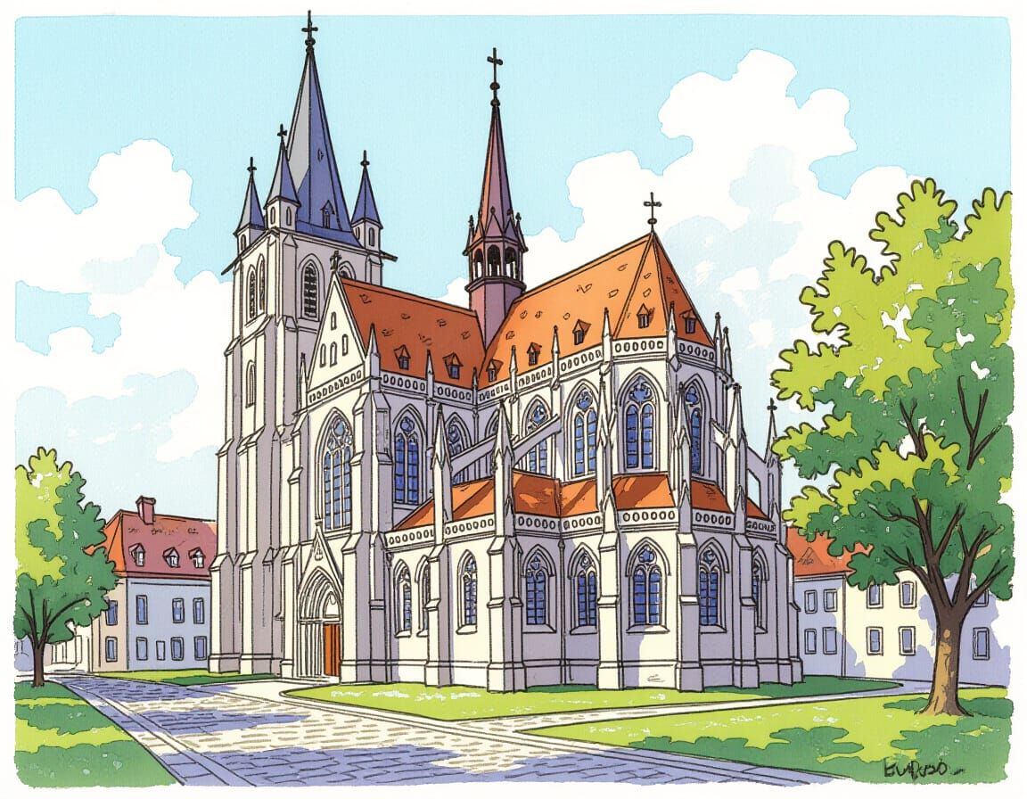 Gothic Church Exterior in Color Ink Wash