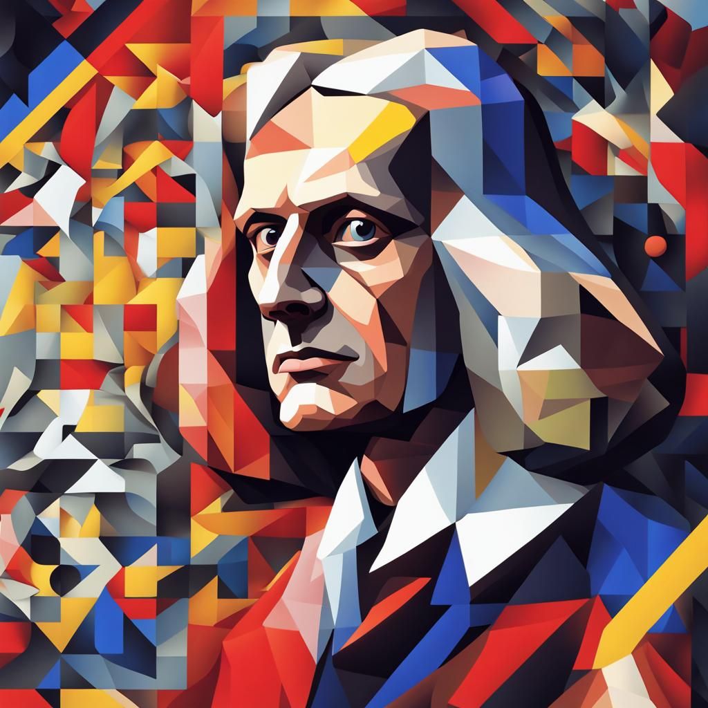 Cubist Portrait of Isaac Newton in Primary Colors